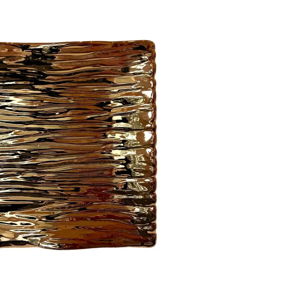 Gorgeous Gold Enameled Rectangular Serving Tray 16x7 Textured Ceramic Glam NEW